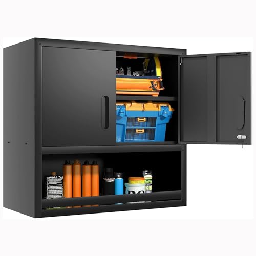 Wall-Mounted Metal Garage Storage Cabinet, Lockable Floating Tool Cabinet - color: Black, size: Floating - 2 Doors & Open Storage