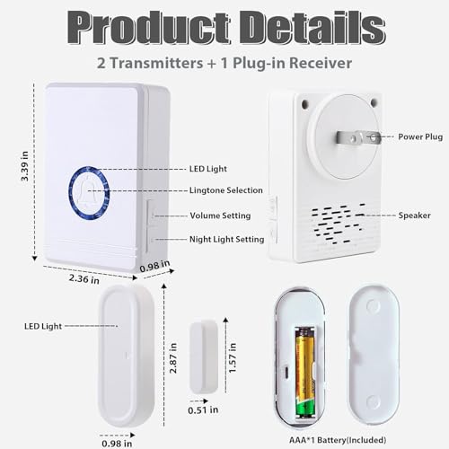 Wireless Door Chime, Wireless Doorbell Chime for Home with LED Indicators Waterproof, Door Alarms When Opened with 656 Ft Range, 48 Chimes 5 Adjustable Volume 2 Sensors + 1 Receiver