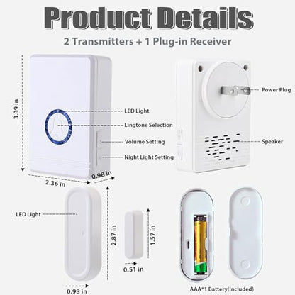 Wireless Door Chime, Wireless Doorbell Chime for Home with LED Indicators Waterproof, Door Alarms When Opened with 656 Ft Range, 48 Chimes 5 Adjustable Volume 2 Sensors + 1 Receiver