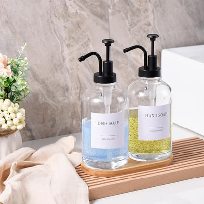 Glass Soap Dispenser with Pump, Dish and Hand Soap Dispenser for Kitchen Bathroom Set, Clear Glass Dispenser Set of 2 Pack with 18 Stickers Funnel Bamboo Tray 500ml 18oz / Each Bottle Sliver Pump - color: Glass+black Pump