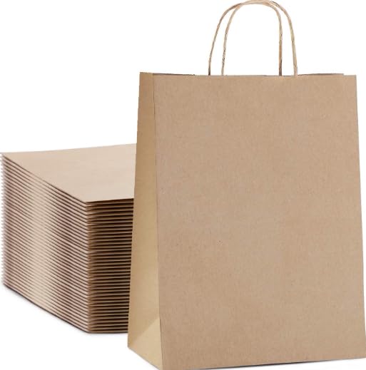 10x5x13 Kraft Shopping Bags Brown Paper Bags, Retail Bags, Party Bags, 100% Recycled Paper Bags with Handles Bulk (25)