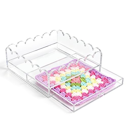 Scalloped Acrylic Tray, 7" x 7" Clear Acrylic Tray with Insert Drawer - size: 7" x 7" x 2.4"