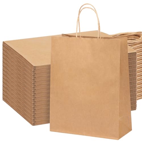 OUTUXED 100pcs 10x5x13 Brown Paper Bags with Handles Large Paper Gift Bags - color: Brown 10x5x13