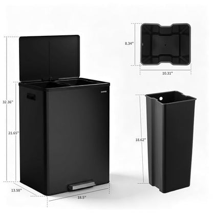 10.5 Gal Dual Compartment Stainless Steel Kitchen Trash Can with Lid, 20L+20L Recycling Garbage Bin, Soft Close Foot Pedal Trash Bin with 2 Removable Inner Buckets, Fingerprint Resistant for Home Offi - color: Black, size: 2x5.25Gal