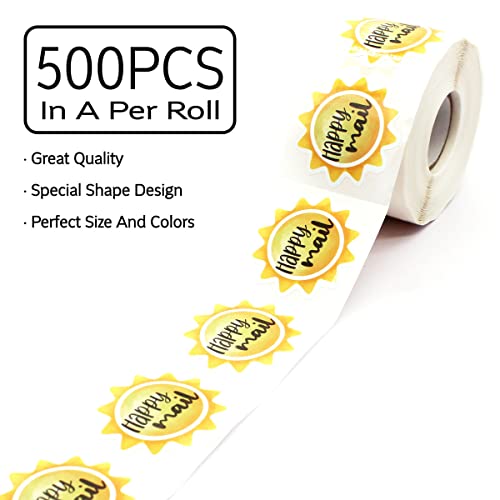 Happy Mail Stickers Roll 500 Labels Per,Cute Sun Mailing Stickers for Small Business Envelopes Shipping Package Packing - color: Happy Mail Sun