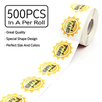 Happy Mail Stickers Roll 500 Labels Per,Cute Sun Mailing Stickers for Small Business Envelopes Shipping Package Packing - color: Happy Mail Sun