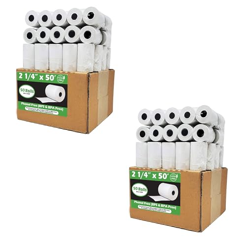 Phenol Free Thermal Paper (100 Rolls) 2 1/4 x 50 Credit card Receipt Rolls 55 GSM Premium Quality German Paper fits all Terminals Verifone VX520 Ingenico ICT220 BPA Free from BuyRegisterRolls