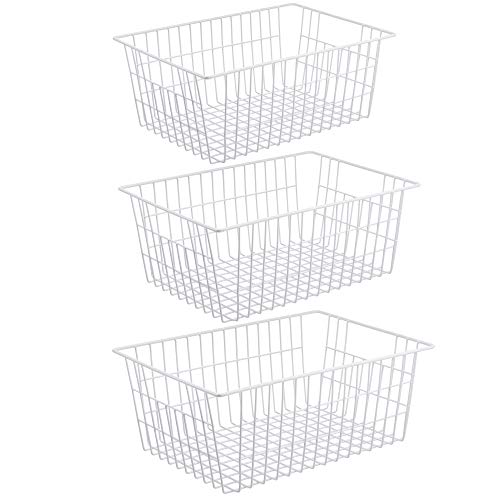iPEGTOP Wire Freezer Stroage Baskets, 13.4 inch Set of 3 Farmhouse Storage Bins Basket Freezer Storage Organizer Bins with Handles for Kitchen Cabinets, Pantry, Closets, Bedrooms, Bathrooms- White - size: 13.4"-3 pack