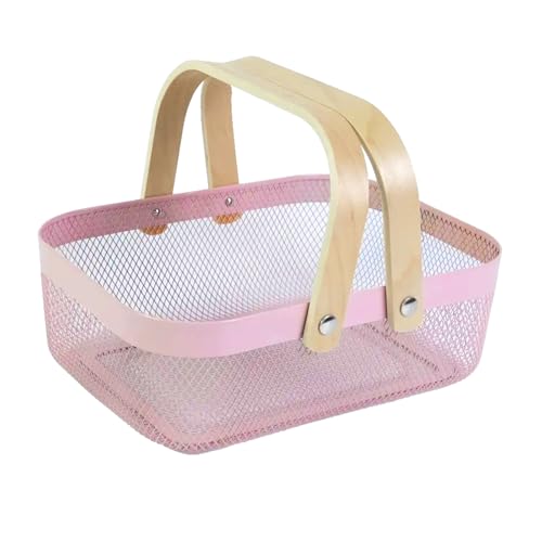 AJIODA Metal Mesh Steel Basket, Storage Organizer Basket Garden Harvest Basket Multi-functional Kitchen Fruit Baskets Bin with Wooden Handle for Bathroom Picnic Shopping Decor Cabinet Home, Pink - color: Pink