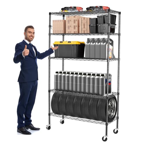 BolDuck 5 Tier Storage Shelves with Wheels, 1750lbs Capacity Heavy Duty Shelving Units, 14x36x75inch Adjustable Metal Shelf Wire Shelving Rack for Garage, Kitchen, Office, Black - size: 5 Tier Shelf