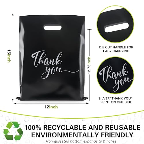 Rainbows & Lilies Thank You Plastic Bags with Handles, Black 100pk 12x15 in - color: Black
