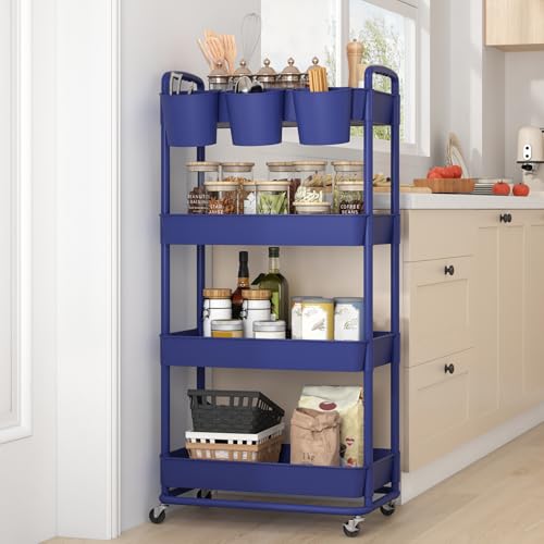 JIUYOTREE 4-Tier Plastic Rolling Storage Cart Utility Cart Blue - color: Blue, size: 4-Tier
