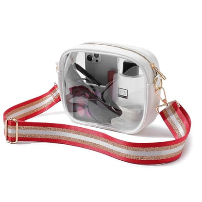 TOBVZOO Clear Bag Stadium Approved, Crossbody Transparent Bag for Concerts Sports Events, Purses for Men & Women - color: White - Red Gold Striped Strap