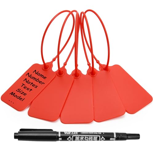 50 Red Blank Plastic Tags for Labeling Waterproof Hanging Labels Writable Tags Seal Plastic Marking Label for Clothes Bags Keys Inventory with One Marker Pen - color: Red, size: 50 PCS