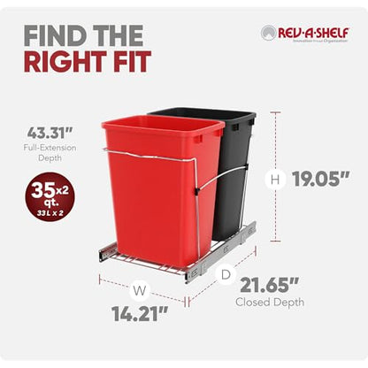 Rev-A-Shelf RV-18KD-1618C-S Double Pullout Trash Can for Kitchen Cabinets 35 Qt Garbage Recycling Bin on Full Extension Slides, Red/Black - color: Red & Black