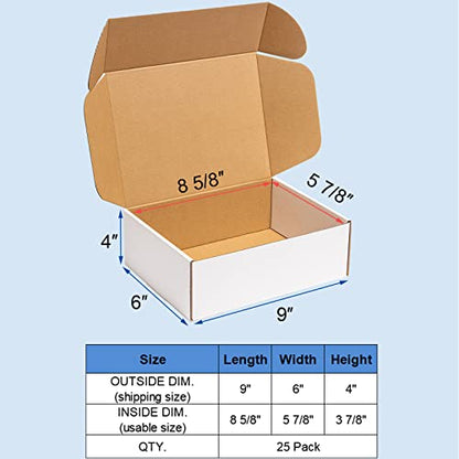 Wowxyz Shipping Boxes 9x6x4 inches 25 Pack White Corrugated Cardboard Mailing Box for Small Business - Literature Mailer Mail Packaging Supplies - size: 9x6x4"