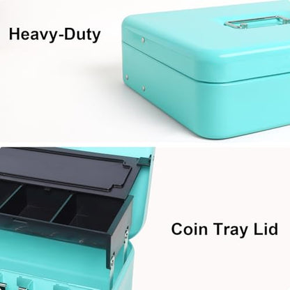 Jssmst Metal Cash Box with Money Tray and Lock, Portable Cash Drawer, 11.8" - color: Light Blue Key