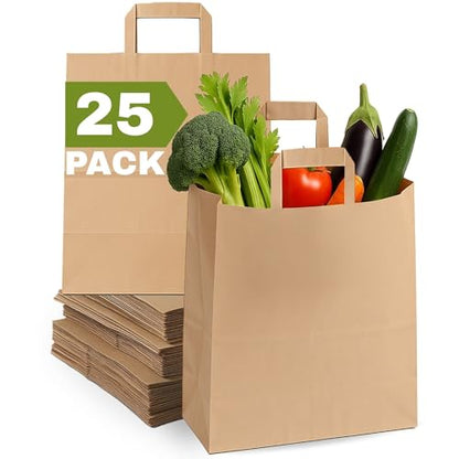 Qutuus 12x7x14 inches 25Pcs Large Paper Bags with Handles Bulk, Large Paper Grocery Shopping Bags with Handles, Brown Sacks for Groceries, Recycling, Delivery, Take Out, To Go, Retail - size: 12x7x14 inches (Pack of 25)