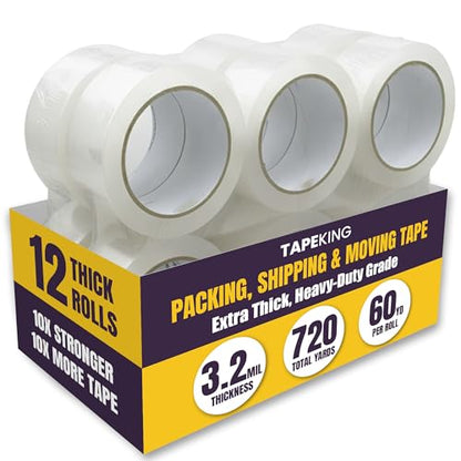 Tape King Clear Packing Tape Ultra Thick | 60 Yards Per Roll (12 Rolls) | 2 Inch Wide Heavy Duty Packing Tape 3.2mil Strong Adhesive for Moving Boxes, Shipping Cartons & Sealing (720 Yards) - size: 12 Rolls / 3.2 Mil Thick