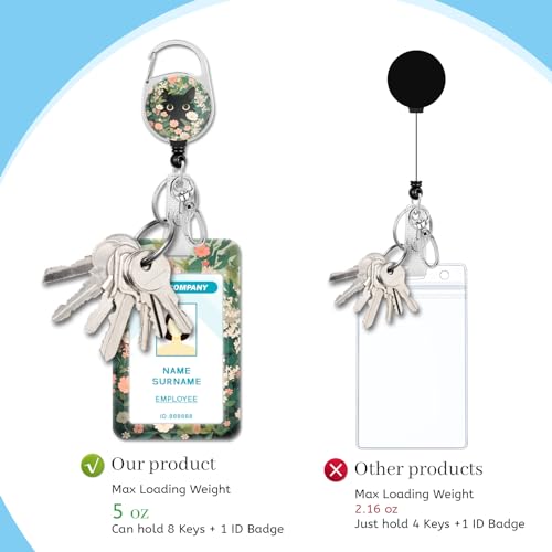 Hancynir Black Cat Flower Lanyards for Id Badges with Retractable Reel Clip - color: Floral Cat Green