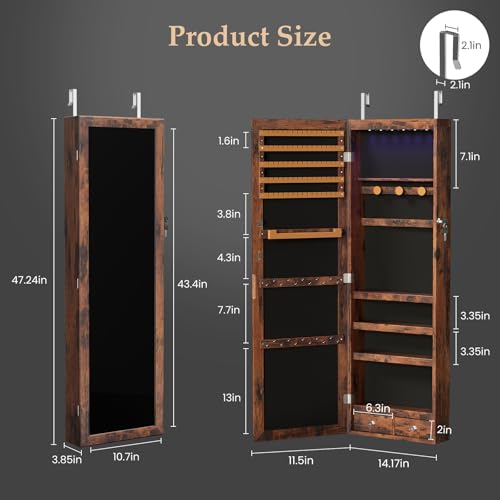 DUMOS 6 LEDs Mirror Jewelry Organizer Cabinet, Jewelry Armoire, 47.2 Inch - color: Rustic Brown