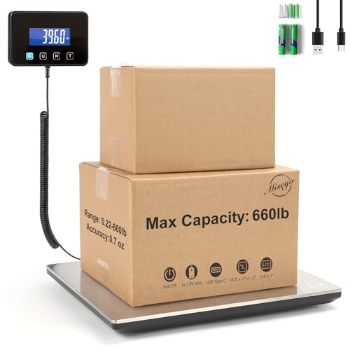 Miseyo 660lbs Digital Shipping Scale - 0.7oz High Accurate Stainless Steel Postal Scale for Packages, Luggage, Small Business, Warehouse, Battery & Charging Cable Included