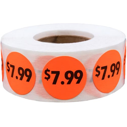 Fluorescent Red 7.99 Circle Dot Stickers, 3/4 Inch Round Price Labels, 500 Total Adhesive Stickers on a Roll for Retail Pricing, Inventory, Sales, and Promotions – Made in The USA - color: $7.99