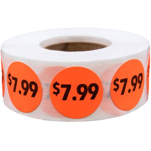 Fluorescent Red 7.99 Circle Dot Stickers, 3/4 Inch Round Price Labels, 500 Total Adhesive Stickers on a Roll for Retail Pricing, Inventory, Sales, and Promotions – Made in The USA - color: $7.99