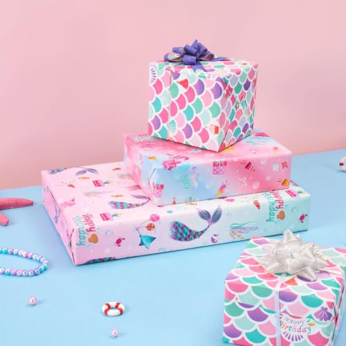 WERNNSAI Mermaid Wrapping Paper, 3 Rolls x 10' Wrapping Paper Birthday Girl - color: Blue Mermaid