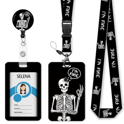 Lanyard, Id Badge Holder，Teacher Card Retractable Reel, Skeleton - color: Skull Fine