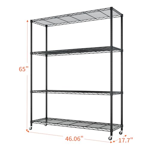 4-Tier Shelf, Adjustable Wire Metal Rack Shelving, Heavy Duty Standing Storage Shelves, Garage, Kitchen, Office, Bathroom, Shelfs Easy Assembly, 46" W x 18" D x 65" H Wheels, Black - color: Black, size: 4-tier 46.06"W x 17.7"D x 64.96"H Wheels
