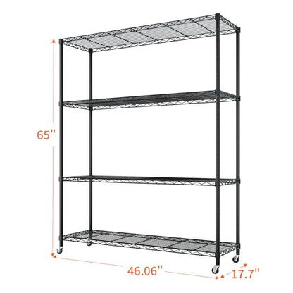 4-Tier Shelf, Adjustable Wire Metal Rack Shelving, Heavy Duty Standing Storage Shelves, Garage, Kitchen, Office, Bathroom, Shelfs Easy Assembly, 46" W x 18" D x 65" H Wheels, Black - color: Black, size: 4-tier 46.06"W x 17.7"D x 64.96"H Wheels