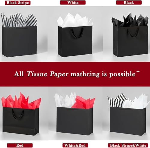 Offizon 12 Pcs Black Gift Bags, Paper Bag with Mixed Tissue Paper (4 Small 6", 4 Medium 8.7", 4 Large 12.6"), Kraft Paper Bags with Handles for Birthdays and Holidays - color: 3 Sizes-BlackB-12PCS