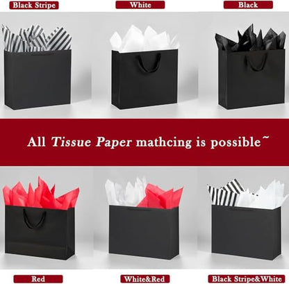 Offizon 12 Pcs Black Gift Bags, Paper Bag with Mixed Tissue Paper (4 Small 6", 4 Medium 8.7", 4 Large 12.6"), Kraft Paper Bags with Handles for Birthdays and Holidays - color: 3 Sizes-BlackB-12PCS