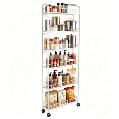 6in 6 Tier Slim Rolling Storage Cart with Wheels, White - size: 6in White