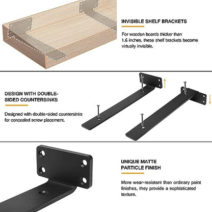 HITOMEN Heavy Duty Floating Shelf Brackets, 12-Inch (1/5'' Thick) Hidden Shelves Hardware, Iron L Brackets, Rustic Industrial Black Metal Wall Shelving Supports, 8 Pack - size: 12 Inch, style: 8 Pack