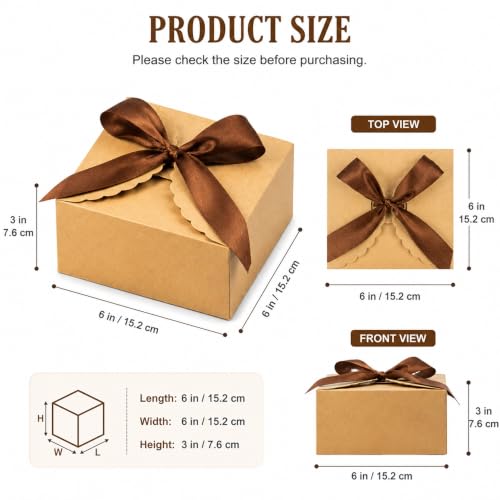 WEWILUCK Brown Kraft Gift Boxes with Ribbons, 8 Pack, 6 x 6 x 3 Inches - color: Brown, size: Medium-Large 6"x6"x3" (8 Pack)