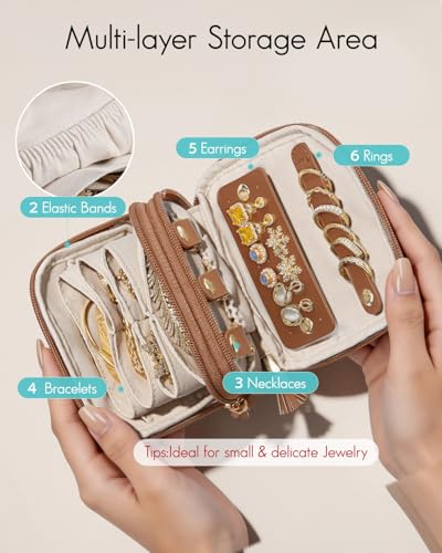 VLANDO 2-Layer Jewelry Travel Organizer for Necklaces,Rings,Earrings - color: Dark Brown