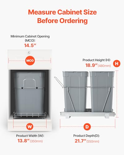VEVOR Pullout Trash Can for Kitchen Cabinets, 35 QT x2 Double Under Sink Garbage Waste Recycling Bin, Under Mount Waste Container, with Heavy Duty Metal Full Extension Sliding System and Handle Grey - size: 70QT(35QTx2)