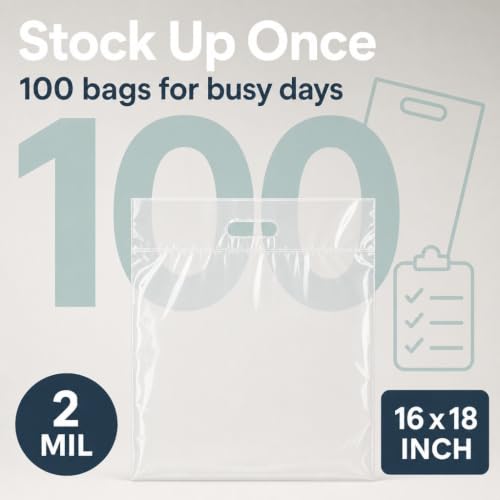 16x18 Large Plastic Shopping Bags for Small Business with Handles, Clear - color: Clear
