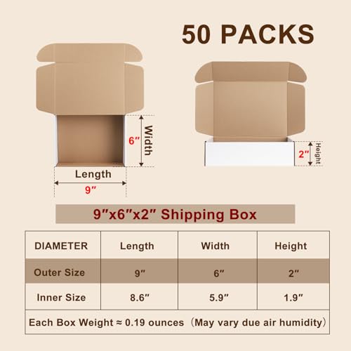 9x6x2 Inches Shipping Boxes Set of 50, White Corrugated Cardboard Boxes, Mailer Boxes for Small Business - size: 9x6x2 Inch