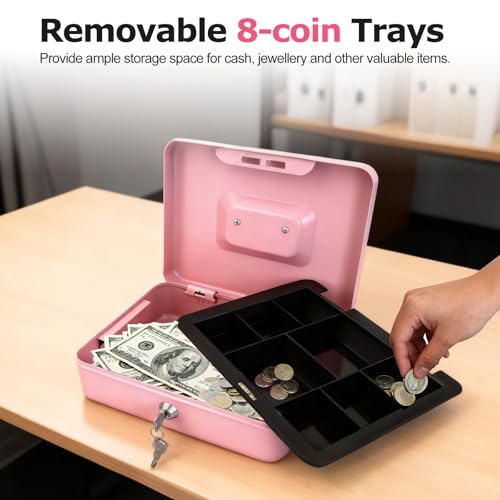 10" Cash Box with Money Tray, Pink, Large - color: Pink, size: Large