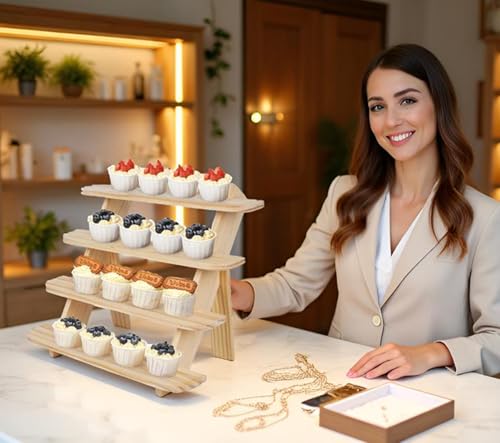Wooden Display Stand, Tiered Cupcake Stand, 4 Tier Display Stand Riser - color: F-Natural