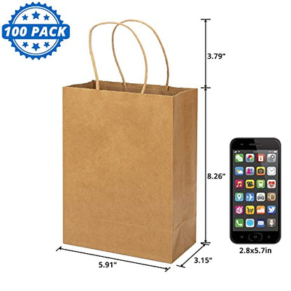 HavrePac Gift Paper Bags with Handles 5.9x3.15x8.26 inch 100 Pack Brown - color: Brown