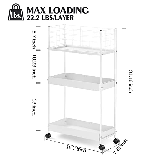 KINGRACK Slim Rolling Storage Cart, 3 Tier Metal Utility Cart, White - color: White, size: 3-Tier