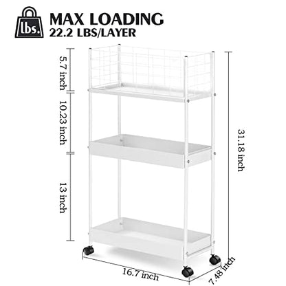 KINGRACK Slim Rolling Storage Cart, 3 Tier Metal Utility Cart, White - color: White, size: 3-Tier