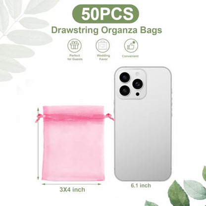 Kelfuoya 50Pcs Organza Drawstring Pouches, Pink 3"×4" Sheer Gift Bags - color: Pink-3"x4"