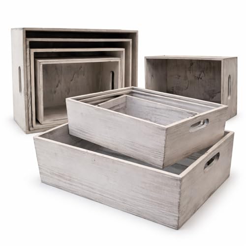 Oojami 4 Pack Nesting Wooden Crates for Display, Whitewashed with Handles - color: Rustic White
