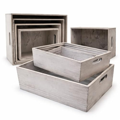 Oojami 4 Pack Nesting Wooden Crates for Display, Whitewashed with Handles - color: Rustic White
