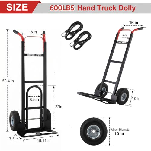 600 LBS Aluminum Hand Truck, Heavy Duty Dolly Cart with 10" Pneumatic Tires - color: Black